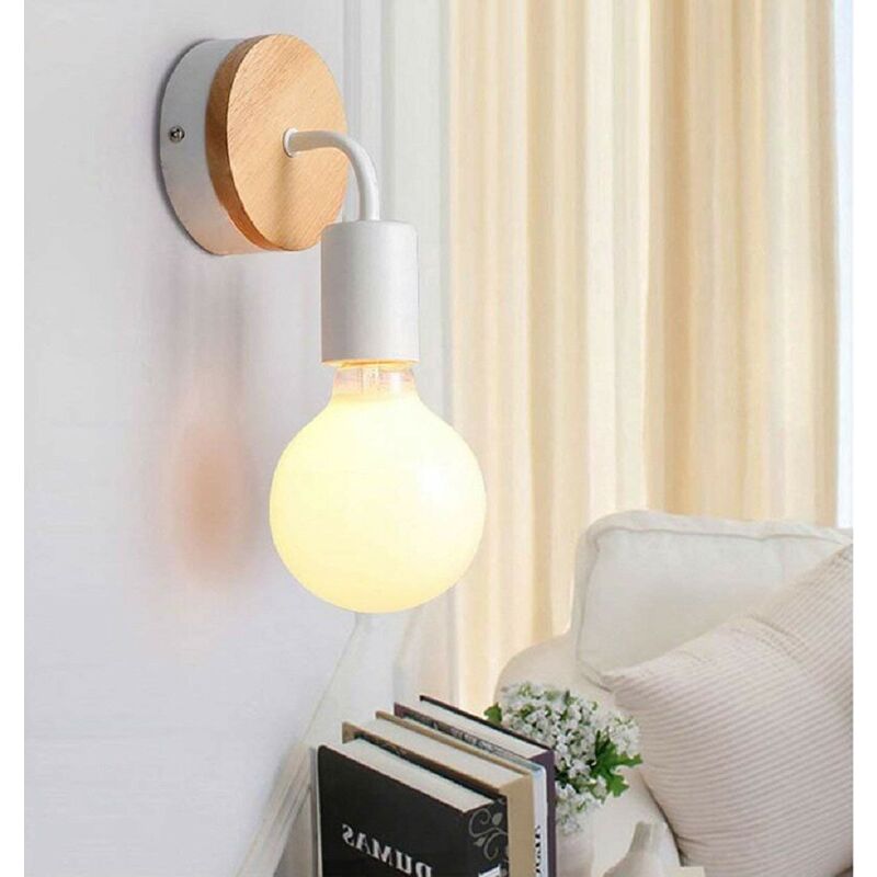 foto del prodotto 2x luce a muro interno, moderna lampada da parete in legno e metallo, illuminazione per camera da letto cucina corridoio bianco 