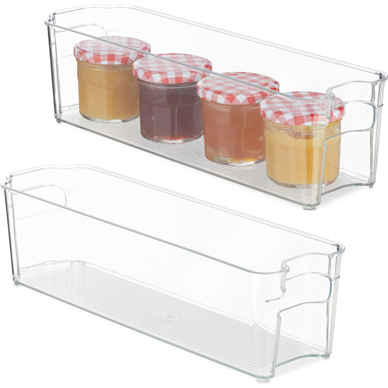 foto del prodotto 2x organizer frigorifero, contenitori, cassetti frigo salvaspazio, manici, alimenti, 10x11x37,5 cm, trasparente