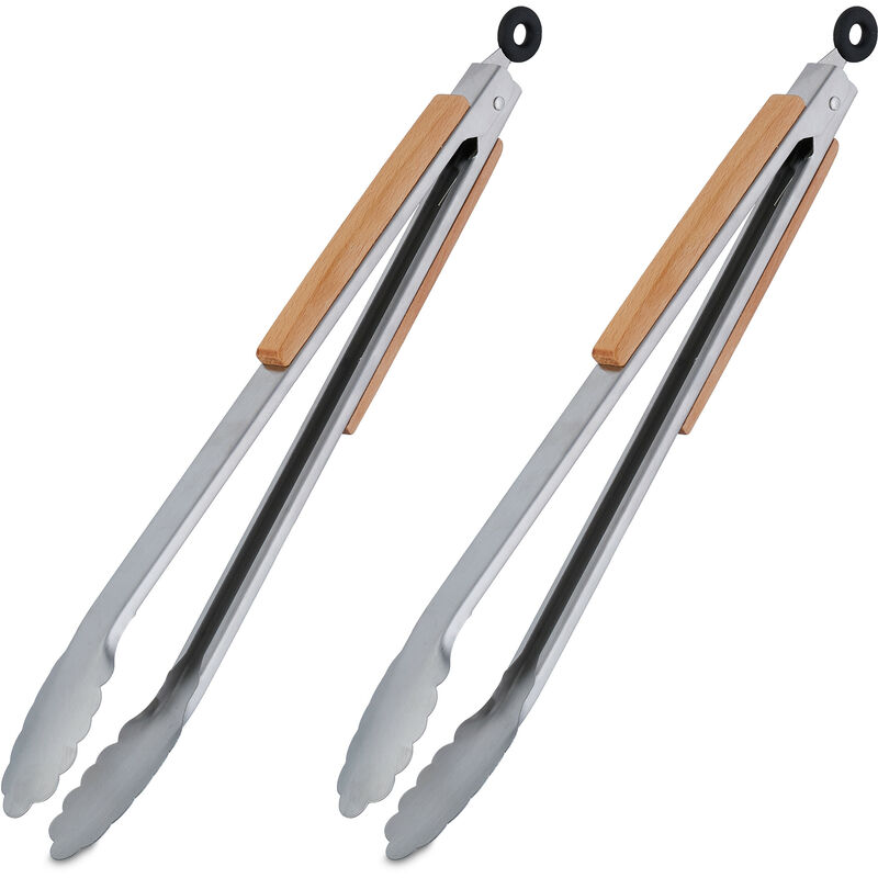 foto del prodotto 2x pinza da barbecue, acciaio inox e manico in legno, accessori griglia e cucina, lunga 38 cm, argentato marrone