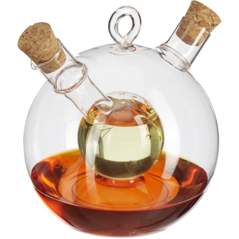 foto del prodotto 2x porta olio e aceto, 2in1, bottiglie con tappo in sughero, ampolla doppia, 375 ml e 50 ml, vetro, trasparente