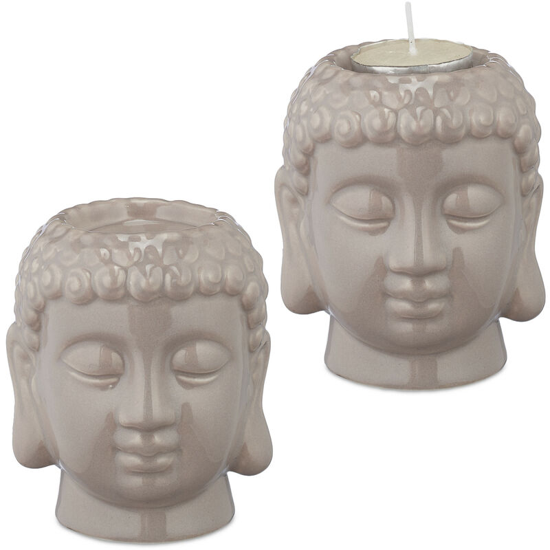 foto del prodotto 2x portacandele, portalumi con testa di budda, feng shui, ceramica, hlp 9,5x8x8 cm, zona giorno e bagno, grigio