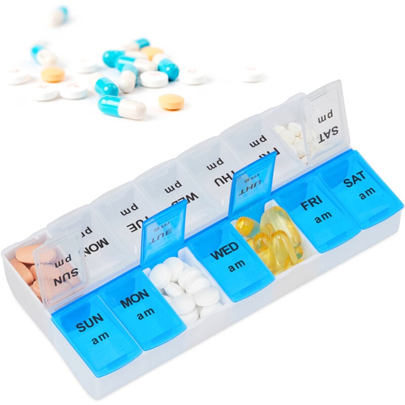 foto del prodotto 2x portapillole 7 giorni, 2 scomparti, mattino e sera, scritte in inglese, contenitore farmaci settimanale, bianco blu