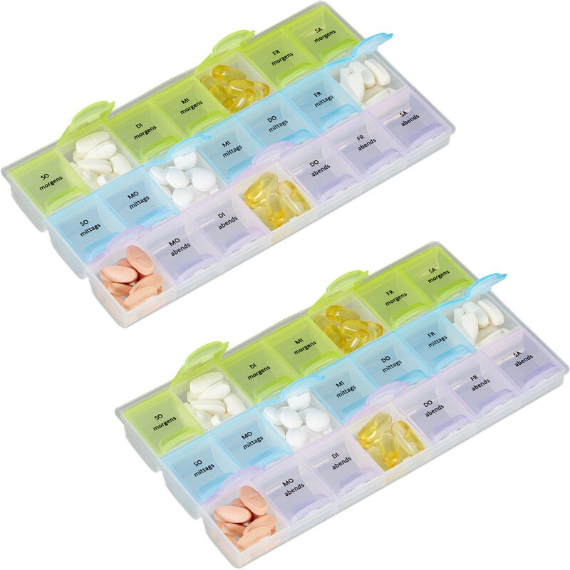 foto del prodotto 2x portapillole 7 giorni, 3 scomparti, mattino, pomeriggio e sera, contenitore farmaci settimanale, trasparente