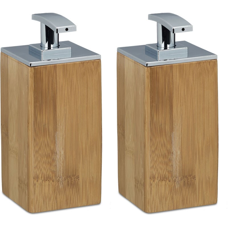 foto del prodotto 2x portasapone liquido bamb , ricaricabile, hxlxp 17 x 7 x 7 cm, dosatore lozioni e creme, 225 ml, legno, naturale