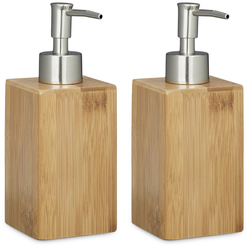 foto del prodotto 2x portasapone liquido in bamb squadrato, manuale, hxlxp 18 x 6,5 x 8 cm, dispenser per lozioni, marrone