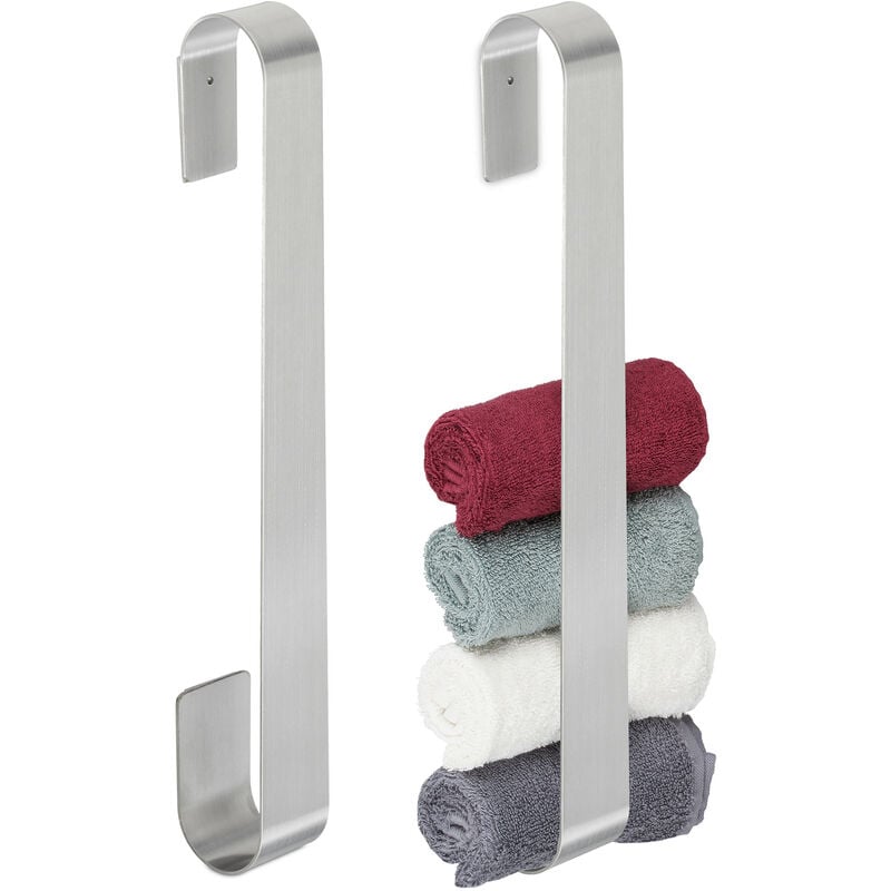 foto del prodotto 2x portasciugamani adesivo da parete, senza fori, asta 45 cm, in acciaio inox, autoadesivo, da bagno, argentato