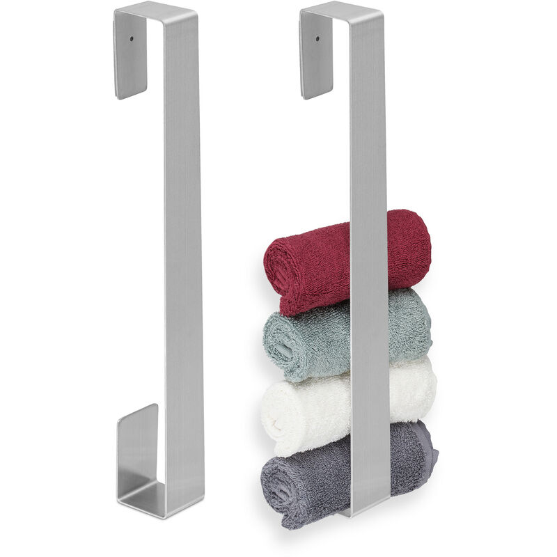 foto del prodotto 2x portasciugamani adesivo da parete, senza fori, asta 45 cm, in acciaio inox, autoadesivo, da bagno, argentato
