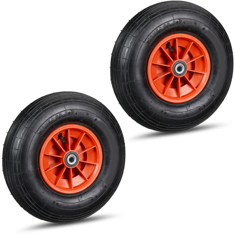 foto del prodotto 2x ruota per carriola 4.00 6, cerchione in plastica, ad aria, 3 adattatori, pneumatico di scorta, nero rosso