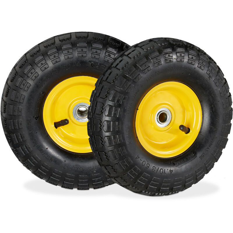 foto del prodotto 2x ruote per carrello 4.1 3.5 4, gomme di scorta carriola, asse 16 mm, fino 136 kg, 260 x 85 mm, nero giallo relaxdays