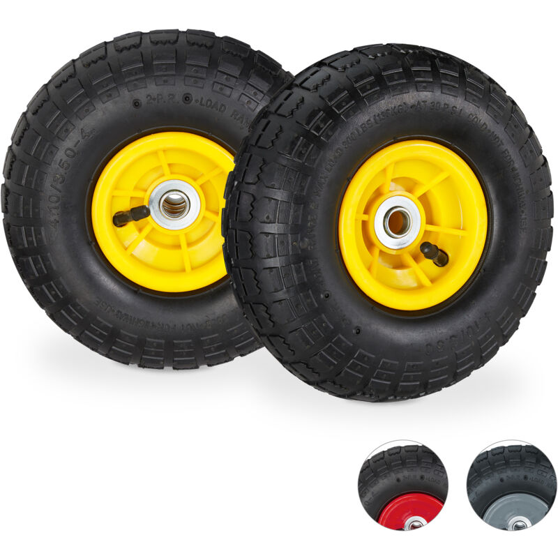 foto del prodotto 2x ruote per carrello 4.1 3.5 4, gomme di scorta carriola, asse 16 mm, fino 136 kg, 260 x 85 mm, nero giallo relaxdays