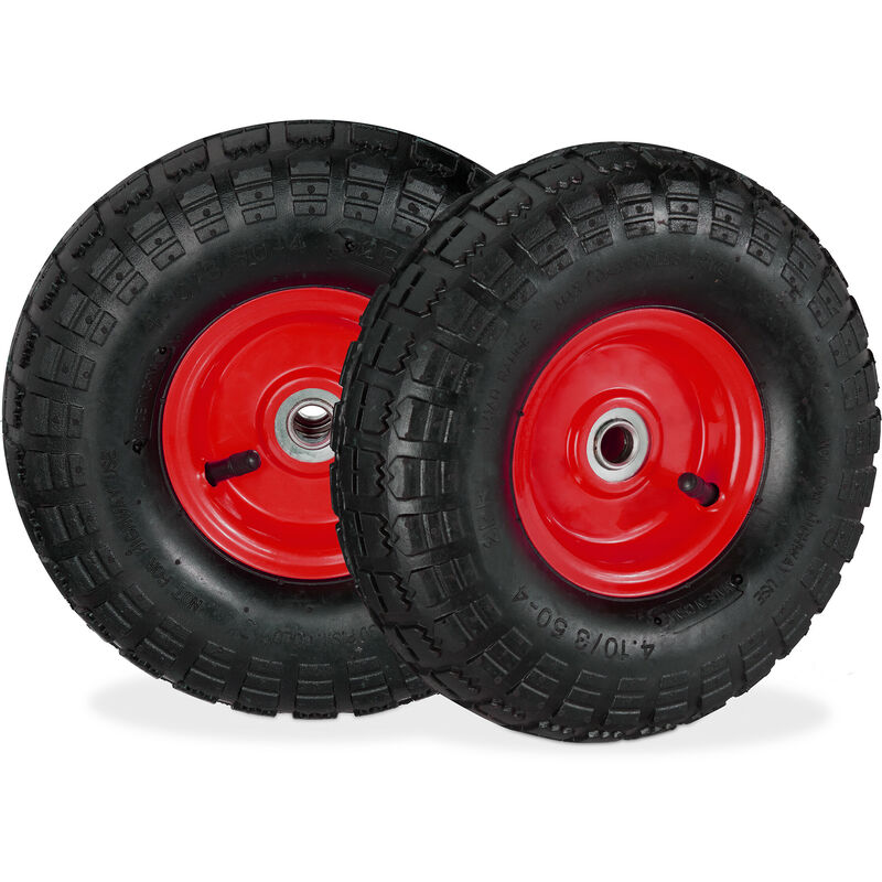 foto del prodotto 2x ruote per carrello 4.1 3.5 4, gomme di scorta carriola, asse 16 mm, fino 136 kg, 260 x 85 mm, nero rosso relaxdays
