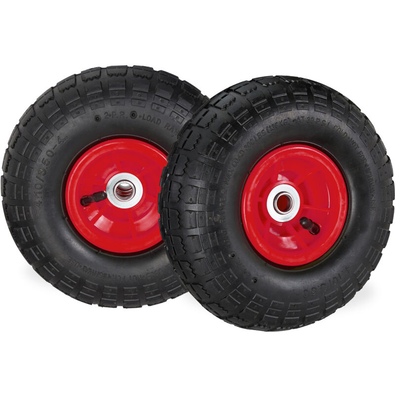 foto del prodotto 2x ruote per carrello 4.1 3.5 4, gomme di scorta carriola, asse 16 mm, fino 136 kg, 260 x 85 mm, nero rosso relaxdays