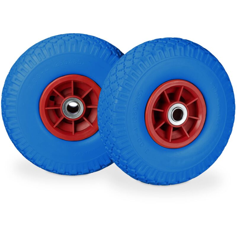 foto del prodotto 2x ruote per carriola, in gomma antipanne, 3.00 4 , asse 20mm, max.80 kg, 260 x 85 mm, blu rosso relaxdays