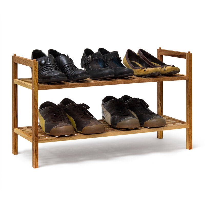 foto del prodotto 2x set scarpiera in legno di noce, porta scarpe impilabili, 2 ripiani per 6 paia ognuno, mobiletto, scaffale, naturale