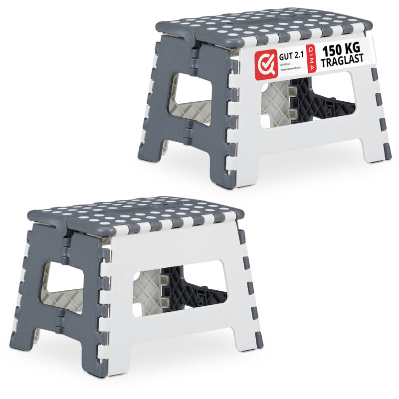 foto del prodotto 2x sgabello pieghevole, sgabellino con gradino e manico, fino a 120 kg, plastica, 22,5x32x25 cm, grigio bianco