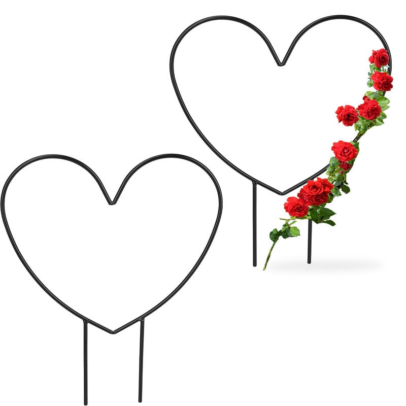 foto del prodotto 2x supporto per piante rampicanti a forma di cuore, sostegno per rose, hlp 32x25x0,5 cm, giardino, acciaio, nero