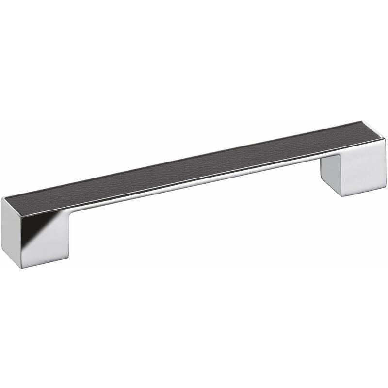 foto del prodotto 2z040 maniglia per mobili in zama con intarsio in pelle, distanza dei fori 160 mm, trattamento cromato lucido, colore nero schwinn