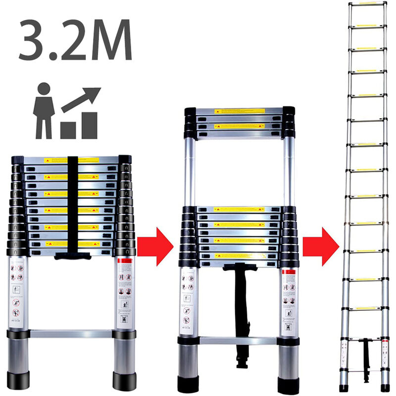 foto del prodotto 3.2m scala telescopica multiuso portatile allungabile pieghevole scaletta alluminio, uso domestico e bricolage