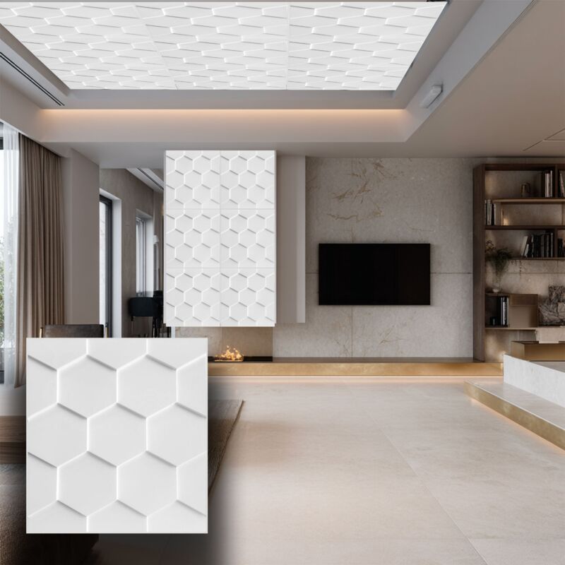 foto del prodotto 3,49 pannello per boiserie a parete, rivestimento cassonato a soffitto e porte in pvc 3d 50x50cm mod. exagon