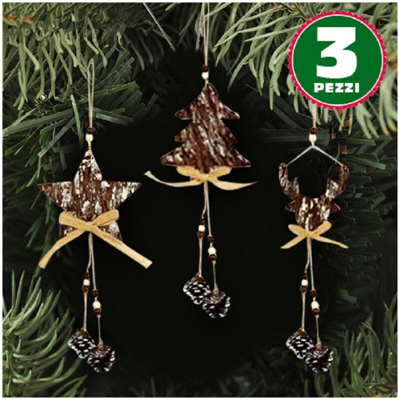 foto del prodotto 3 appendini natale corteccia legno con pigne fiocco stella albero alce trade shop traesio