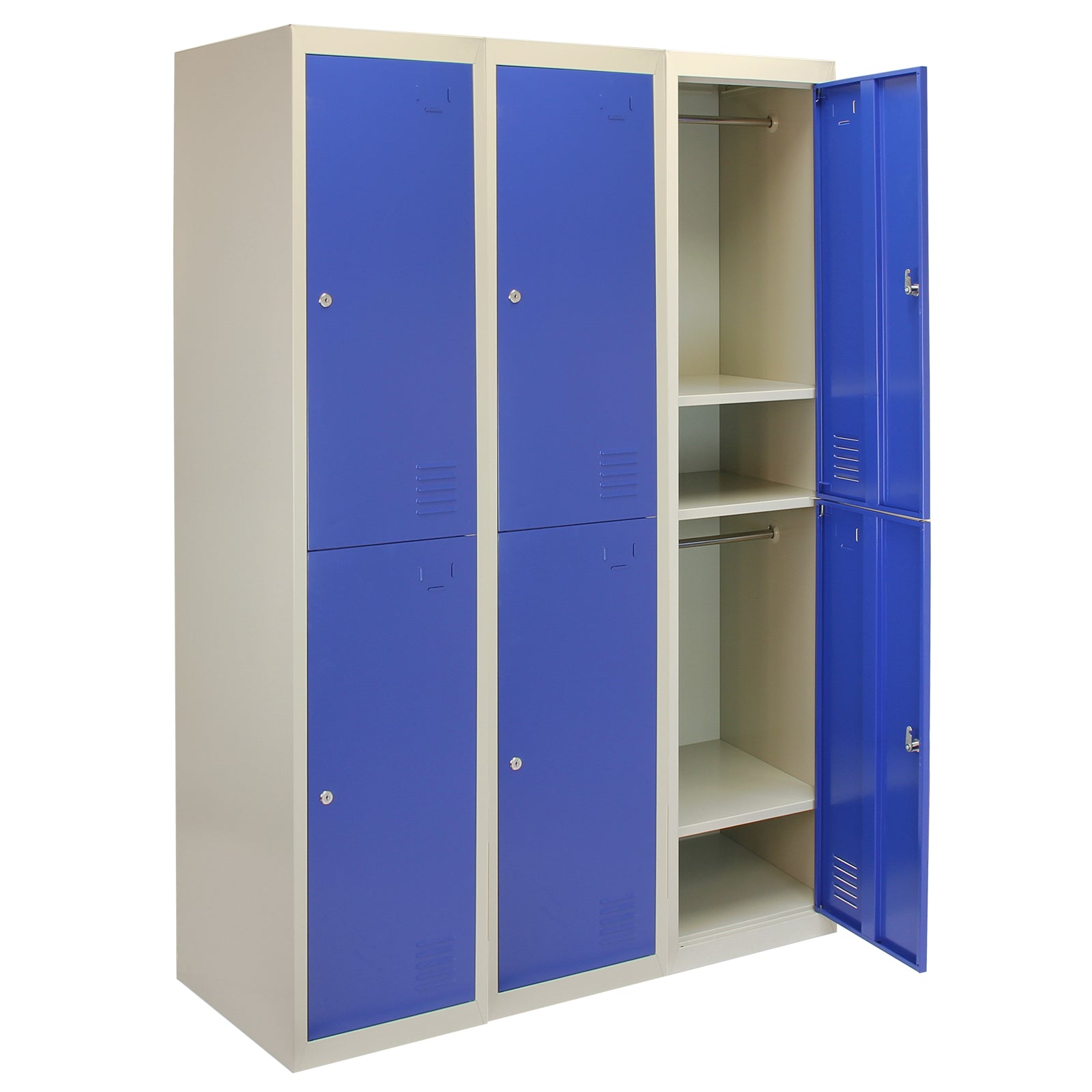 foto del prodotto 3 armadietti da montare con 2 porte blu acciaio per scuole palestre e spogliatoi