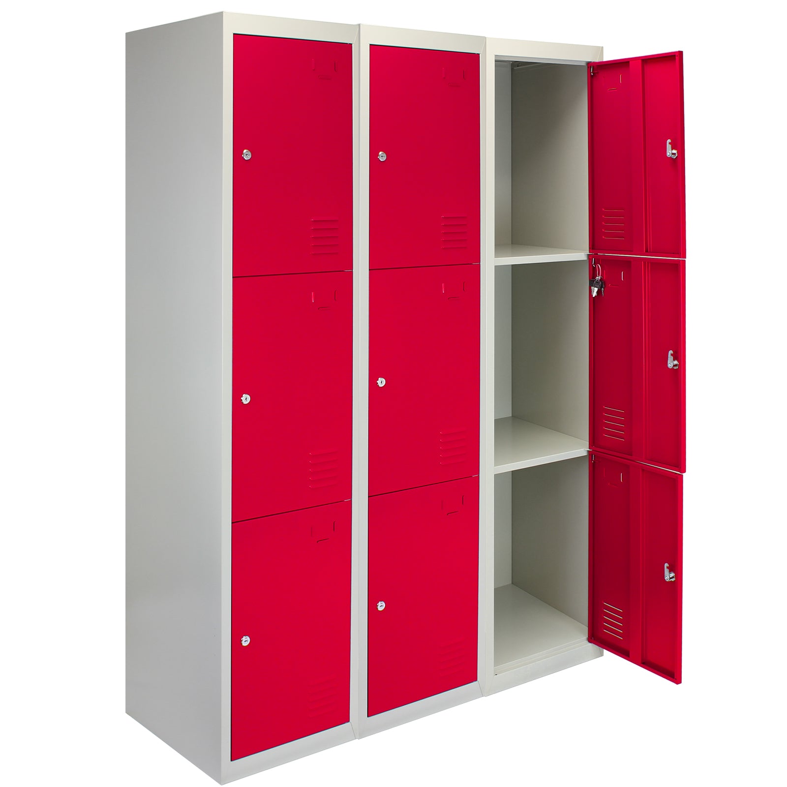 foto del prodotto 3 armadietti da montare con 3 porte rosse in acciaio per scuole e palestre