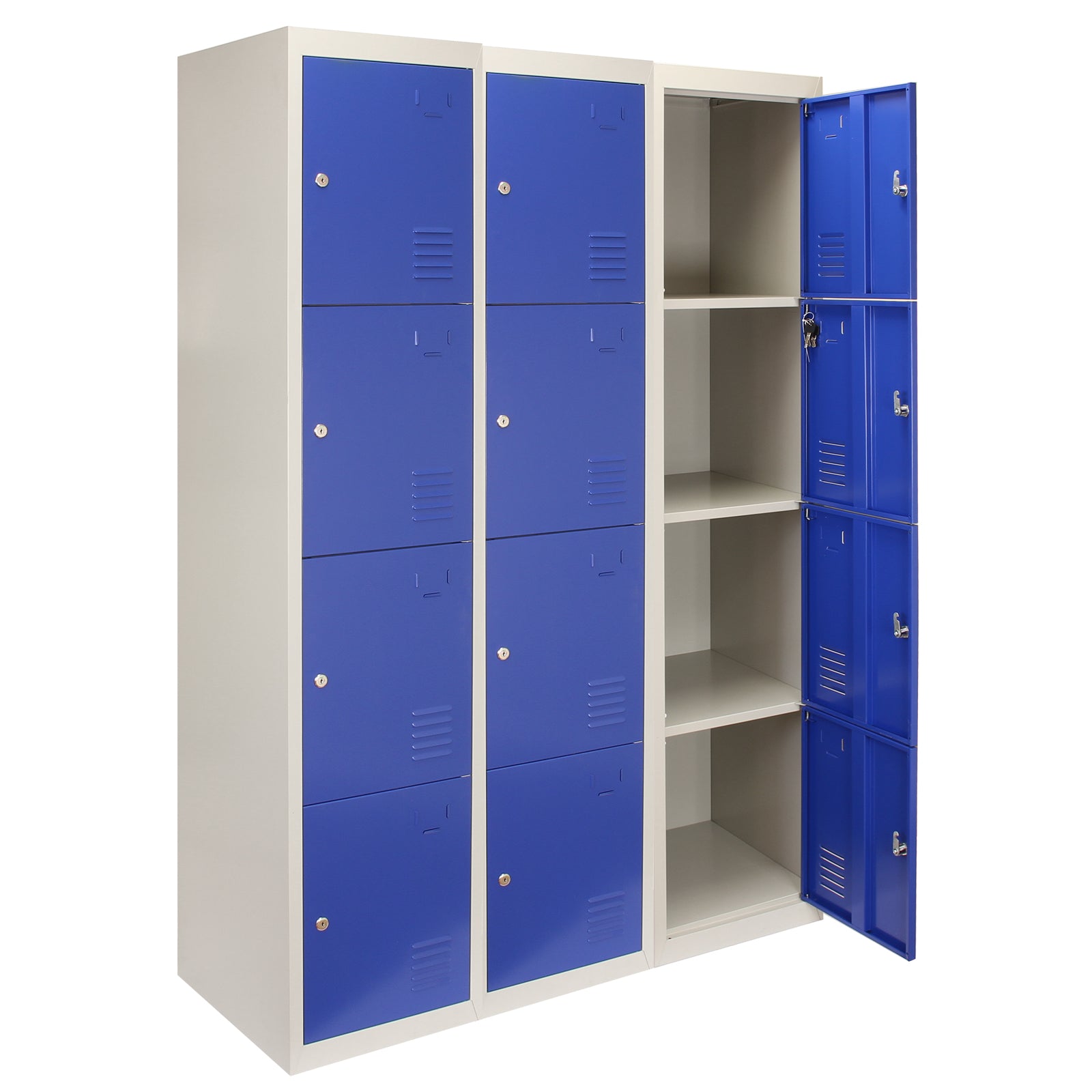foto del prodotto 3 armadietti da montare con 4 porte blu acciaio per scuole palestre e spogliatoi