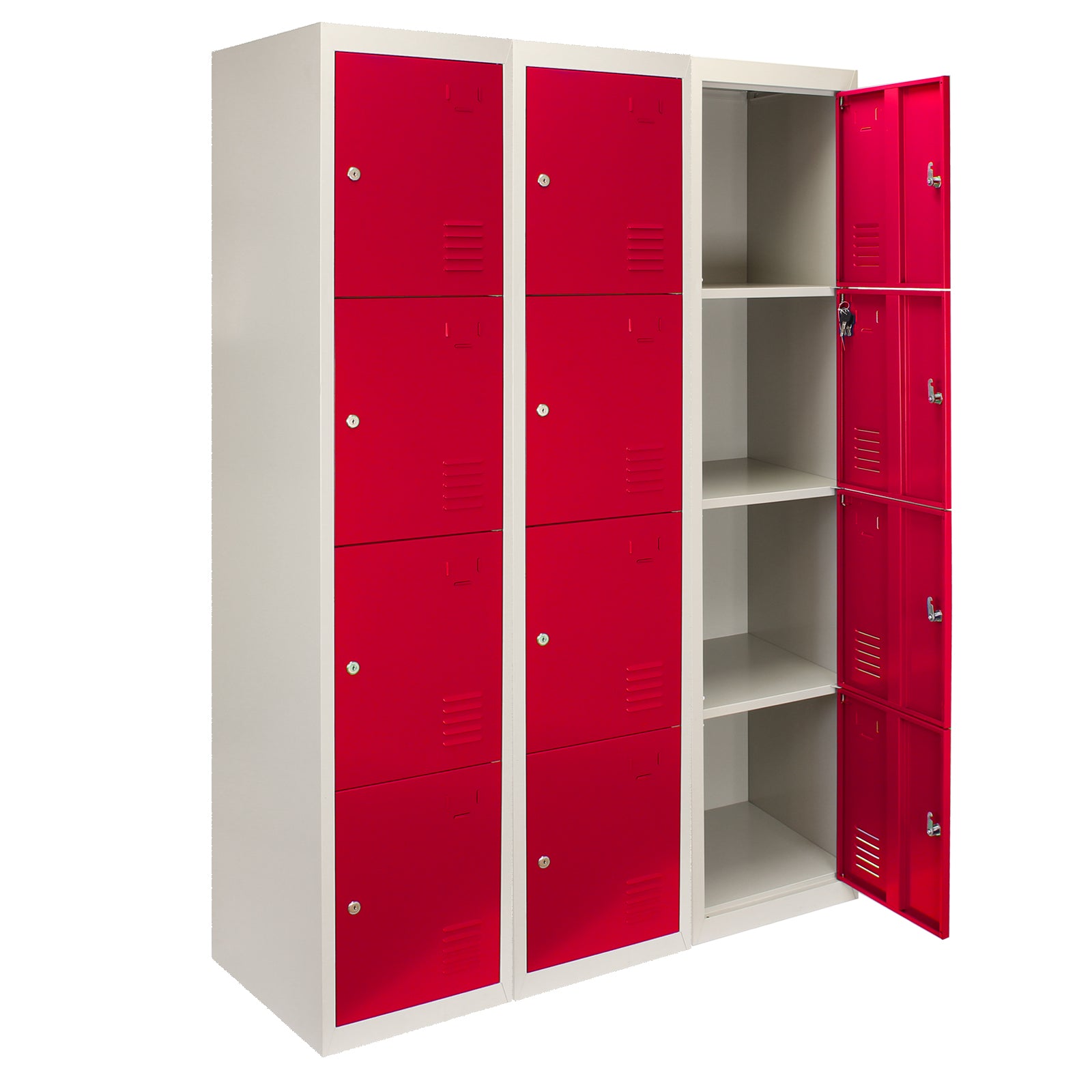 foto del prodotto 3 armadietti da montare con 4 porte rosse in acciaio per scuole e palestre