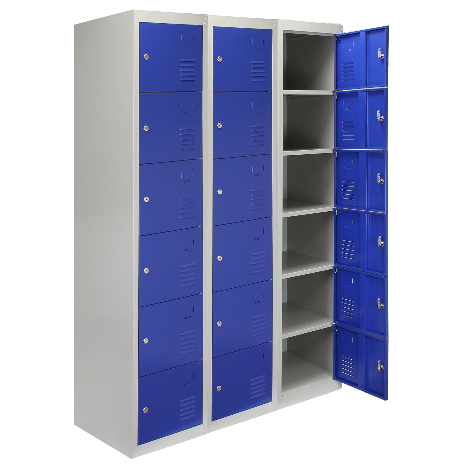 foto del prodotto 3 armadietti da montare con 6 porte blu acciaio per scuole palestre spogliatoi