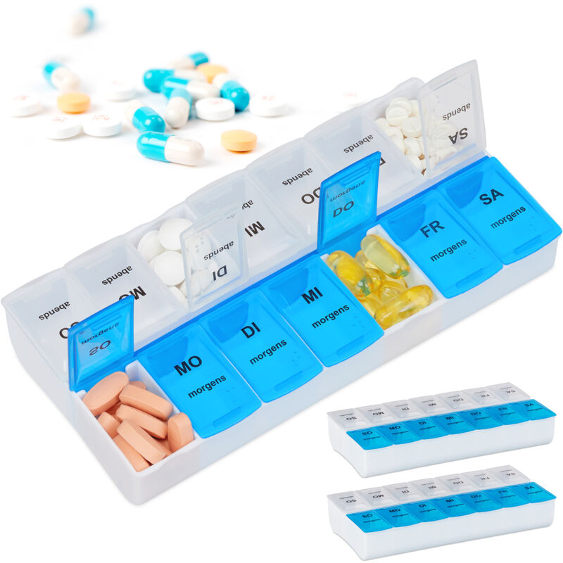 foto del prodotto 3 astucci portapillole settimanali, 2 scomparti mattina sera, organizer porta pastiglie, medicinali e vitamine relaxdays