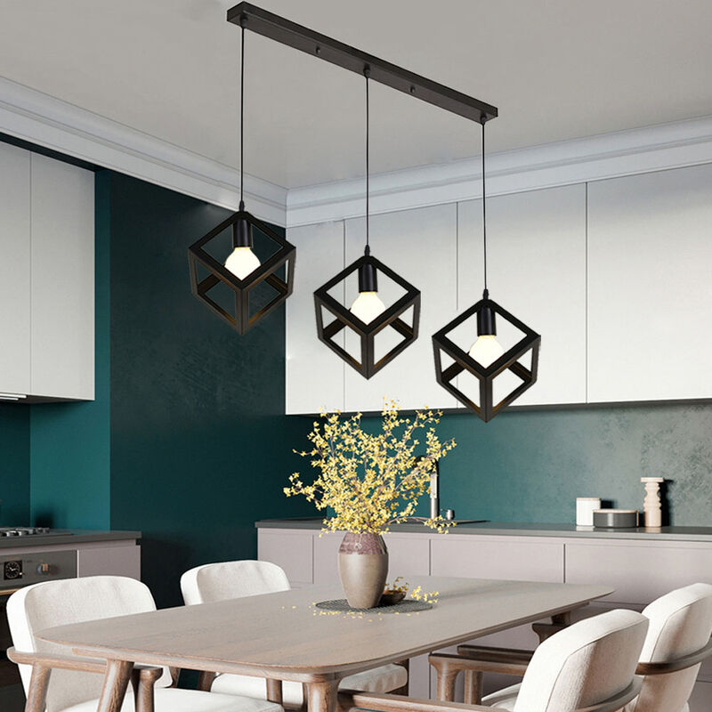 foto del prodotto 3 fili lampadario vintage, creativo lampada da soffitto, industriale stile illuminazione con cubo geometria gabbia e27 per cucina sala da pranzo