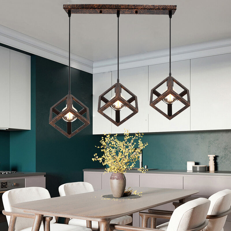 foto del prodotto 3 fili lampadario vintage, creativo lampada da soffitto, industriale stile illuminazione con cubo geometria gabbia e27 per cucina sala da pranzo