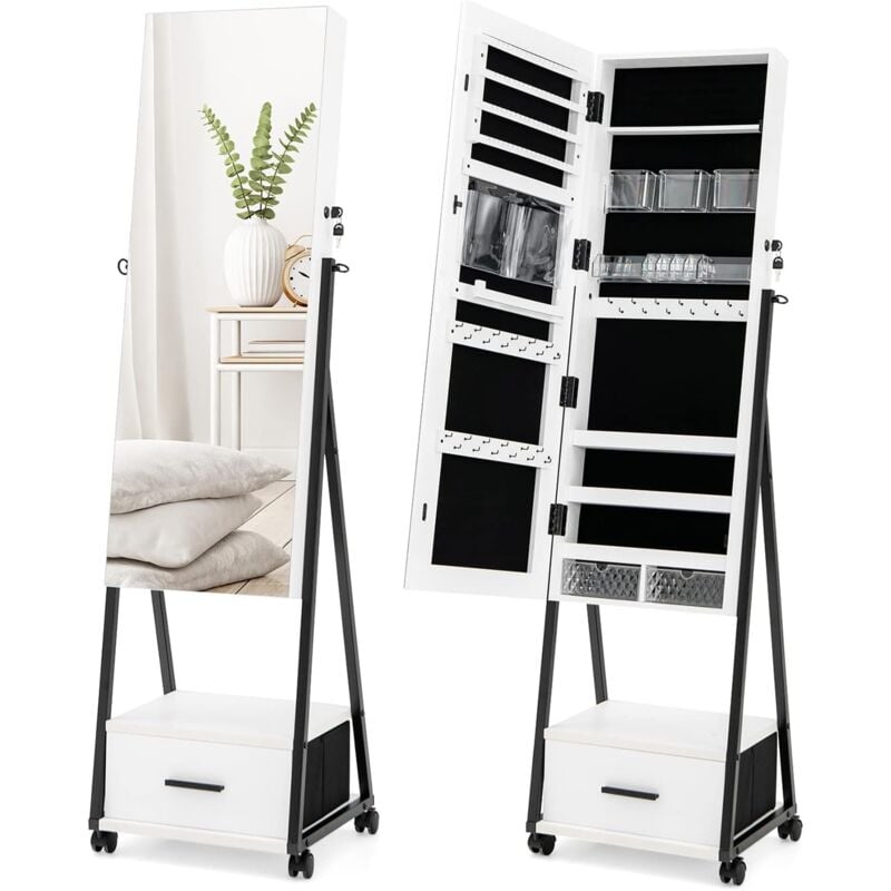 foto del prodotto 3 in 1 armadietto portagioie con specchio, specchio portagioie con cassetti, serratura e ruote bianco costway