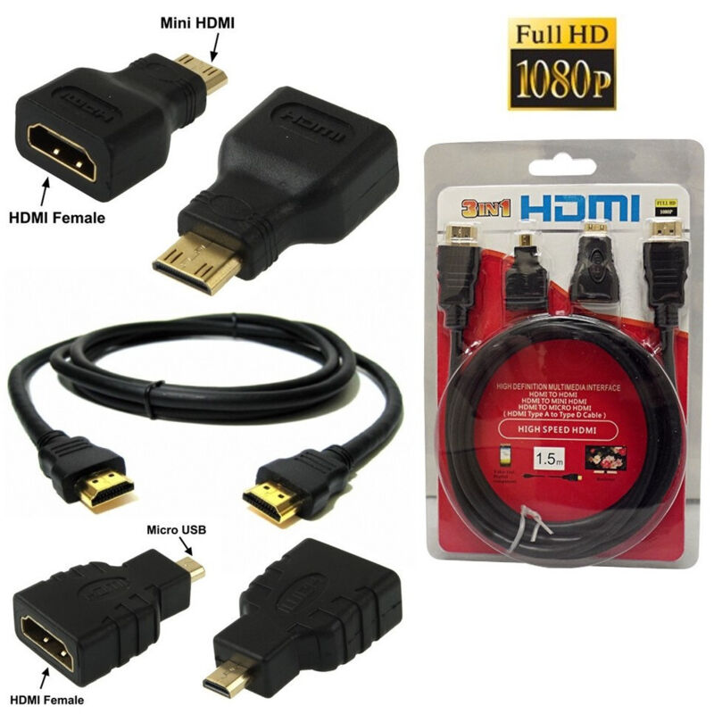 foto del prodotto 3 in 1 cavo hdmi full hd 1080p 1.5 m adattatori mini hdmi e micro hdmi dorati trade shop traesio