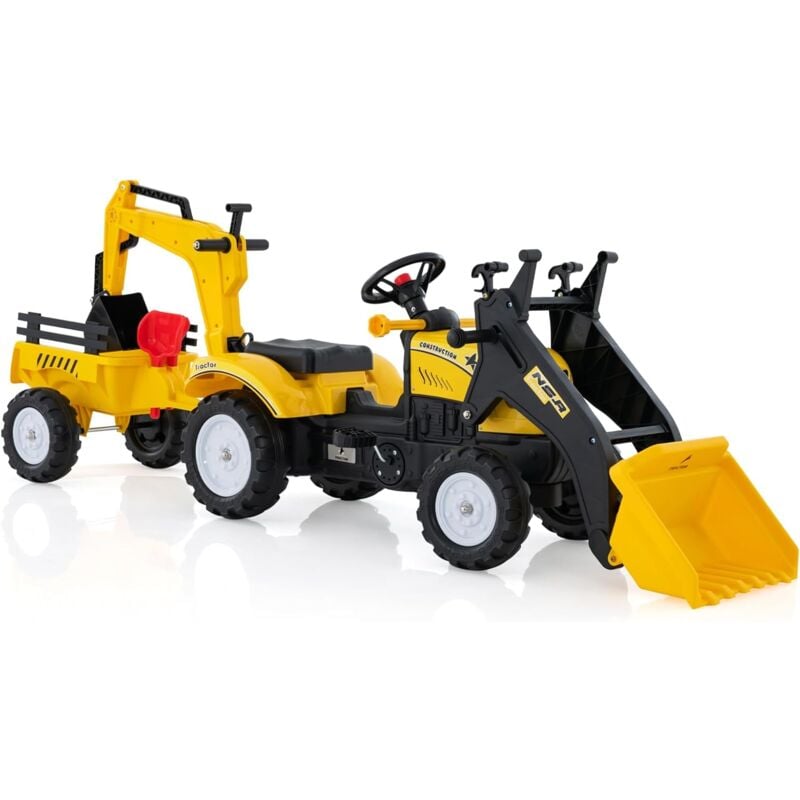 foto del prodotto 3 in 1 escavatore per bambini, trattore con rimorchio staccabile cavalcabile per bambini, con 6 ruote e 2 benne, per bambini 3 6 anni giallo 