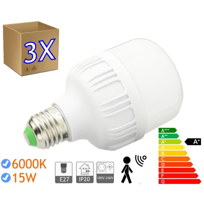 foto del prodotto 3 lampadine a led 3 15w e27 luz 6000k bulbi a led bianco frio con rilevatore jandei