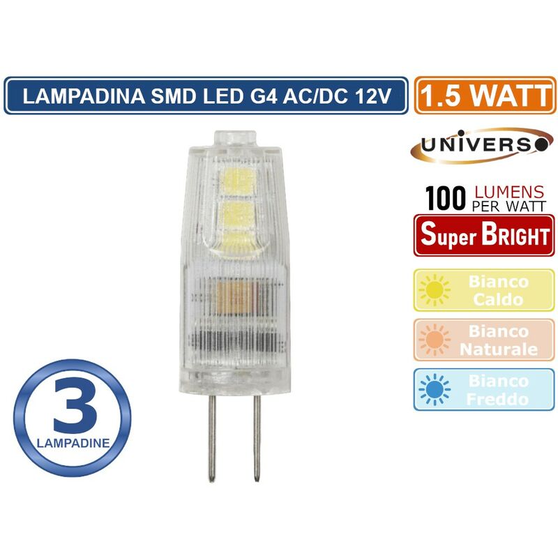 foto del prodotto 3 lampadine led attacco g4 ac dc 12v potenza 1.5w 150 lumen 3000k 4000k 6500k colore luce bianco caldo universo