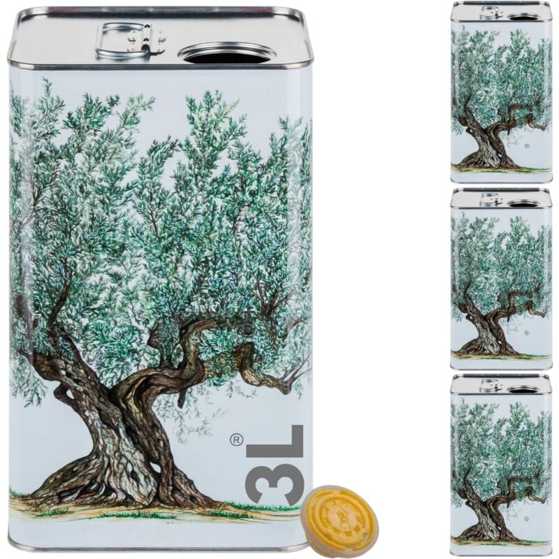 foto del prodotto 3 lattina per olio di oliva, bianca con serigrafia albero di ulivo, in metallo, contenitore alimentare, latta da 3 litri con tappo ermetico e