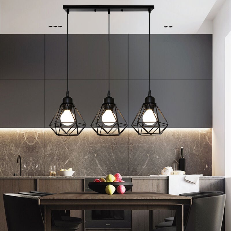 foto del prodotto 3 luci e27 lampada a sospensione industriale paralume diamante in ferro lampadario per sala da pranzo camera da letto nero
