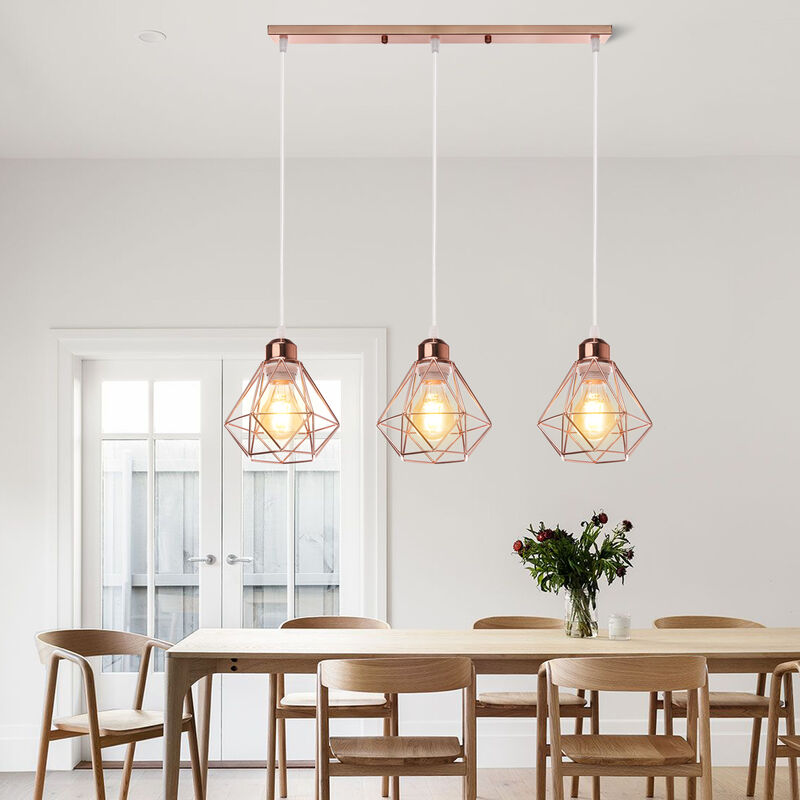 foto del prodotto 3 luci e27 lampada a sospensione industriale paralume diamante in ferro lampadario per sala da pranzo camera da letto oro rosa