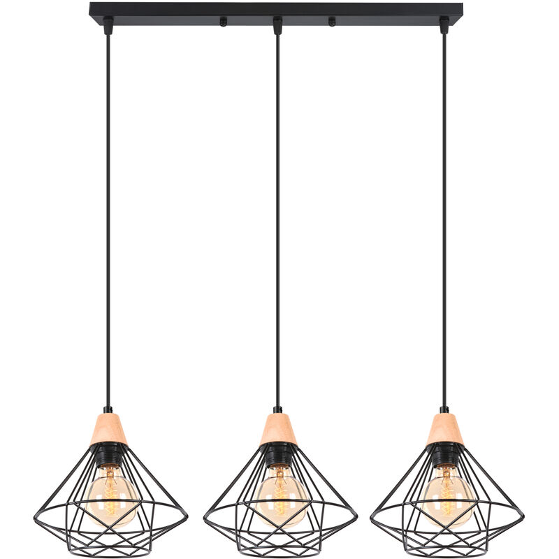 foto del prodotto 3 luci industriale lampadario forma di diamante in metallo e legno e27 lampada da soffitto per camera da letto soggiorno sala da pranzo nero