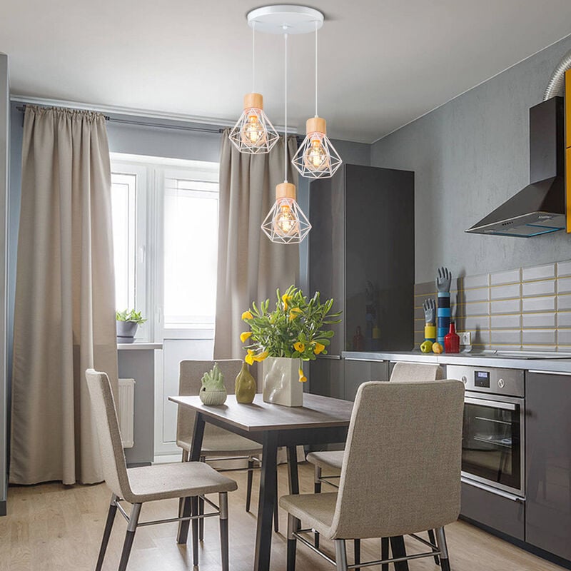 foto del prodotto 3 luci lampada a soffitto moderna industriale con base rotonda paralume a diamante in metallo e legno per soggiorno cucina camera da letto bianco