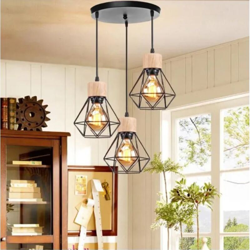 foto del prodotto 3 luci lampada a soffitto moderna industriale con base rotonda paralume a diamante in metallo e legno per soggiorno cucina camera da letto nero