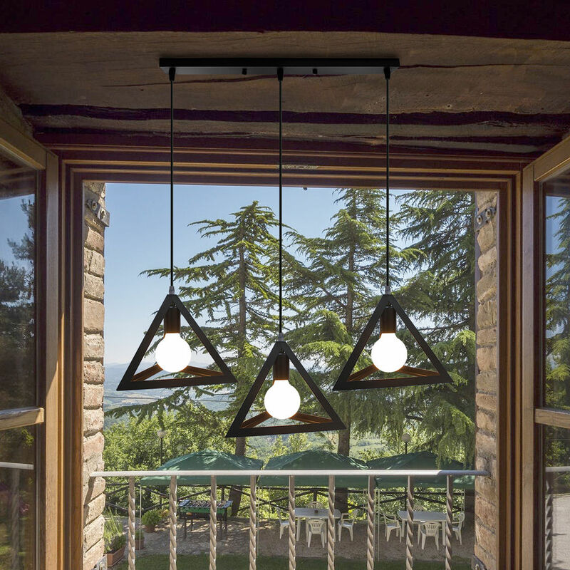 foto del prodotto 3 luci lampada a sospensione creativo lampada da soffitto in ferro, illuminazione con triangolo gabbia per cucina sala da pranzo nero