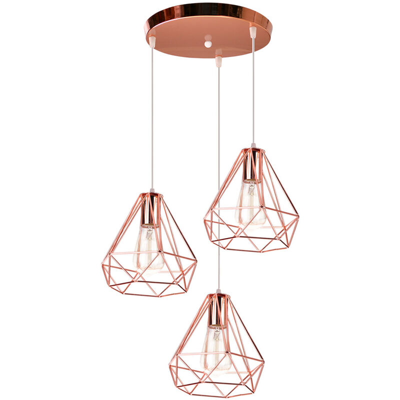 foto del prodotto 3 luci lampada a sospensione in metallo, lampada da soffitto con gabbia diamante 20cm lampadario per camera da letto soggiorno oro rosa 