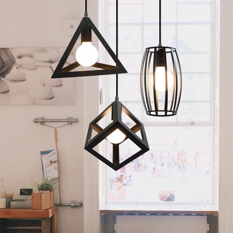 foto del prodotto 3 luci lampada a sospensione industriale vintage lampadario paralume metallo gabbi illuminazione pendente nero per camera da letto cucina sala da