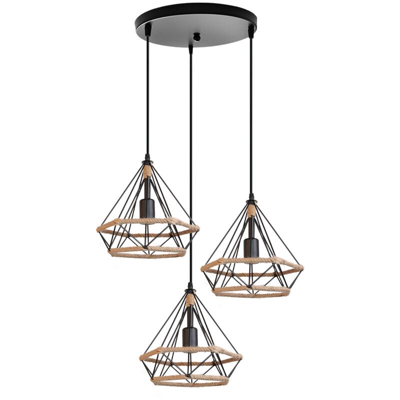 foto del prodotto 3 luci lampada a sospensione, lampadario in corda di canapa, 25cm diamante, lampada per soggiorno cucina nero
