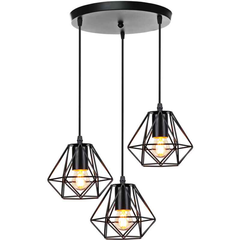 foto del prodotto 3 luci lampada a sospensione, mini plafoniera con gabbia in metallo diamante e27 lampadina nero