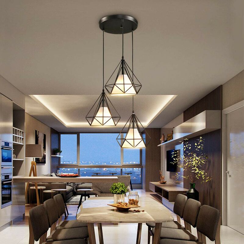 foto del prodotto 3 luci lampada a sospensione, plafoniera vintage con gabbia di 25cm diamante, illuminazione e27 per soggiorno sala da pranzo nero 