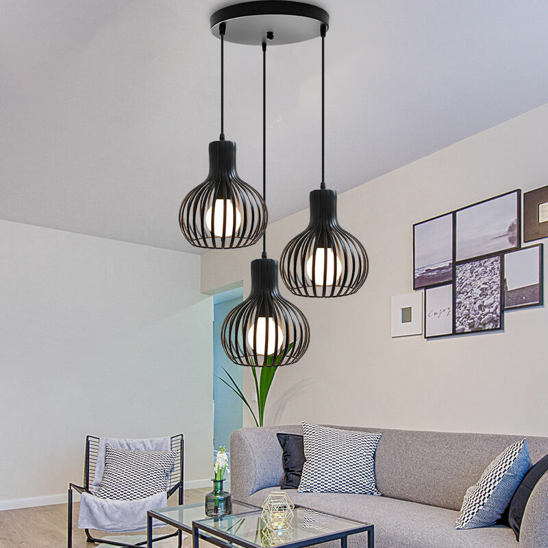 foto del prodotto 3 luci lampada a sospensione vintage industriale stile illuminazione da soffitto con 20cm gabbia zucca in metallo nero